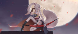 Rule 34 | 1girl, absurdres, animal ears, archery, arm at side, arrow (projectile), black panties, black socks, blurry, bow (weapon), brown gloves, closed mouth, colored skin, depth of field, eyelashes, floral print, full body, full moon, furry, furry female, gloves, grey skin, hakurou (onmyoji), high ponytail, highres, kneehighs, long hair, long sleeves, looking back, maredoro, moon, moonlight, muneate, navel, night, night sky, no shoes, on one knee, onmyoji, outdoors, panties, petals, pleated skirt, pom pom (clothes), ponytail, profile, red eyes, side slit, single sleeve, skirt, sky, socks, solo, stomach, tail, thigh strap, toeless legwear, toes, underwear, weapon, white background, white hair, wolf, wolf ears, wolf girl, wolf tail