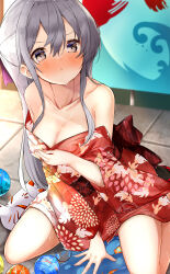 Rule 34 | 1girl, absurdres, blush, breasts, commentary, dress, fox mask, grey eyes, grey hair, hamaken. (novelize), hand on ground, hand on own chest, highres, japanese clothes, mask, medium breasts, on ground, open mouth, original, red dress, sitting, solo, tearing up, tears, thighs, tile floor, tiles, wariza, water balloon