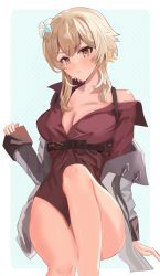 Rule 34 | 1girl, absurdres, blonde hair, blush, borrowed clothes, breasts, brown eyes, cleavage, closed mouth, collared shirt, flower, genshin impact, hair flower, hair ornament, highres, hijikata toshizou (mibu makoto), large breasts, looking at viewer, lumine (genshin impact), red shirt, shirt, short hair with long locks, solo, thighs