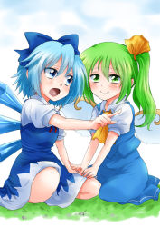 Rule 34 | 2girls, blue bow, blue dress, blue eyes, blue hair, bow, cirno, daiyousei, dress, fairy wings, grass, green eyes, green hair, hair bow, hair ribbon, ice, ice wings, kneeling, multiple girls, open mouth, pointing, ribbon, short hair, short sleeves, side ponytail, touhou, translucent hair, unya, wings