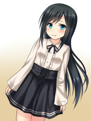 Rule 34 | 10s, 1girl, alternate costume, asashio (kancolle), black hair, black legwear, blue eyes, commentary request, dress, gradient background, hanazome dotera, kantai collection, light smile, long hair, long sleeves, looking at viewer, meme attire, neck ribbon, pinafore dress, pleated skirt, ribbon, simple background, skirt, sleeveless dress, solo, virgin killer outfit