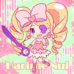 Rule 34 | 10s, 1girl, blonde hair, blue eyes, bow, character name, chibi, dress, earrings, eyepatch, female focus, hair bow, harime nui, heart, heart earrings, jewelry, kill la kill, long hair, lowres, s u-i-m a, solo, twintails, weapon