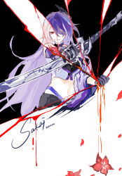 Rule 34 | 1girl, acheron (honkai: star rail), black gloves, commentary request, crop top, gloves, hair over one eye, highres, holding, holding sword, holding weapon, honkai: star rail, honkai (series), katana, looking at viewer, midriff, navel, purple hair, red eyes, scabbard, shahai, sheath, sheathed, signature, solo, stomach, sword, upper body, weapon, white hair