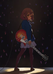 Rule 34 | 1girl, absurdres, black pantyhose, blazer, blue jacket, blue ribbon, brown eyes, brown hair, closed mouth, commentary, dark background, from behind, full body, grey skirt, guitar, hair ornament, hairclip, highres, hirasawa yui, huge filesize, instrument, jacket, k-on!, long sleeves, looking at viewer, looking back, narineko, neck ribbon, pantyhose, ribbon, sakuragaoka high school uniform, school uniform, shadow, short hair, skirt, smile, solo, standing