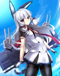 Rule 34 | 10s, 1girl, anchor, artist name, black gloves, black pantyhose, blue sky, blunt bangs, bodysuit, breasts, brown eyes, buttons, cloud, day, dress, eyebrows, gloves, hair ribbon, headgear, highres, kantai collection, long hair, looking at viewer, machinery, murakumo (kancolle), murakumo kai ni (kancolle), ocean, pantyhose, ribbon, ryou@ryou, sailor dress, school uniform, serafuku, sidelocks, silver hair, sky, small breasts, solo, thighband pantyhose, tress ribbon, turret, water, white gloves