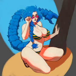 Rule 34 | 1girl, adjusting eyewear, bikini, blue hair, blue lips, blue nails, braid, breasts, cleavage, cromwaits, dungeons &amp; dragons, full body, hair over shoulder, highres, kneeling, large breasts, lipstick, long hair, looking at viewer, looking over eyewear, makeup, nail polish, navel, original, pink-tinted eyewear, pink-tinted glasses, red eyes, rimless eyewear, samia of the shifting sands, sandals, scorpion tail, single braid, skindentation, solo, string bikini, striped bikini, striped clothes, sunglasses, swimsuit, tail, thick eyebrows, thick thighs, thighs, tinted eyewear, toes