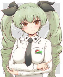 Rule 34 | 1girl, anchovy (girls und panzer), anzio school uniform, black necktie, black ribbon, breasts, closed mouth, dated, dress shirt, drill hair, emblem, flying sweatdrops, girls und panzer, green hair, grey background, hair ribbon, hand on own elbow, highres, light blush, long hair, long sleeves, looking at viewer, medium breasts, necktie, outline, outside border, pointing, red eyes, ribbon, school uniform, shirt, simple background, smile, solo, twin drills, twintails, twitter username, upper body, white background, white outline, white shirt, wing collar, zetto-plus
