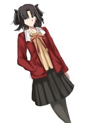 Rule 34 | 1girl, ameraarch, arm at side, black eyes, black hair, black pantyhose, black ribbon, black skirt, bow, brown vest, collared shirt, commentary, cosplay, dutch angle, expressionless, fate/stay night, fate (series), hair ribbon, hand in pocket, highres, homurahara academy school uniform, jacket, kara no kyoukai, long sleeves, looking at viewer, medium hair, medium skirt, neck ribbon, pantyhose, pleated skirt, red jacket, ribbon, ryougi shiki, school uniform, shirt, simple background, skirt, solo, tohsaka rin, tohsaka rin (cosplay), twintails, two side up, vest, white background, white shirt