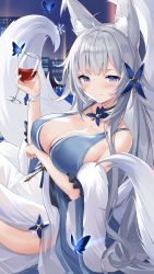 Rule 34 | 1girl, alcohol, alternate costume, animal ear fluff, animal ears, azur lane, bare shoulders, basil (st 1), blue butterfly, blue dress, blue eyes, blush, breasts, bug, butterfly, cleavage, cup, dress, drinking glass, feather boa, fox ears, grey hair, hair ornament, highres, holding, holding cup, insect, kitsune, large breasts, long hair, looking at viewer, multiple tails, shinano (azur lane), shinano (dreams of the hazy moon) (azur lane), sitting, solo, tail, very long hair, wine, wine glass