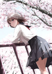 Rule 34 | 1girl, against railing, arm rest, black skirt, blush, branch, brown eyes, brown hair, cherry blossoms, commentary request, feet out of frame, highres, looking at viewer, looking to the side, neckerchief, original, outdoors, parted lips, pleated skirt, railing, red neckerchief, sailor collar, sailor shirt, school uniform, serafuku, shirt, short hair, signature, skirt, solo, soragane (banisinngurei), white shirt