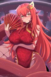 1girl :3 arm_under_breasts artist_name bare_shoulders breasts china_dress chinese_clothes chinese_zodiac dress earrings fangs female_focus floral_print gold_trim hair_between_eyes hair_ornament hairclip hand_fan highres holding holding_fan jewelry lamia large_breasts long_hair looking_at_viewer miia_(monster_musume) mischiefmiz monster_girl monster_musume_no_iru_nichijou moonlight new_year night night_sky outdoors paid_reward_available patreon_username pointy_ears red_china_dress red_hair red_scales sky slit_pupils smile snake_girl snowing solo standing tail torii very_long_hair watermark wide_hips winter year_of_the_snake yellow_eyes