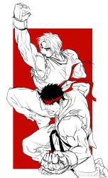 Rule 34 | 2boys, absurdres, black hair, capcom, dougi, fighting stance, headband, highres, jumping, ken masters, male focus, multiple boys, muscular, muscular male, punching, red theme, ryu (street fighter), short hair, sideburns, sketch, sleeveless, spot color, street fighter, thick eyebrows, yuiofire