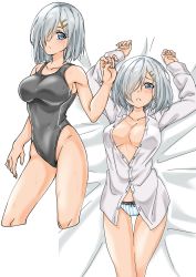 Rule 34 | 1girl, absurdres, blue eyes, breasts, collarbone, competition swimsuit, cowboy shot, cropped legs, dress shirt, grey one-piece swimsuit, hair ornament, hair over one eye, hairclip, hamakaze (kancolle), highleg, highleg swimsuit, highres, kantai collection, large breasts, looking at viewer, maonatten, multiple views, no bra, one-piece swimsuit, open clothes, panties, shirt, short hair, silver hair, striped clothes, striped panties, swimsuit, thigh gap, underwear
