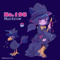 Rule 34 | 1girl, bird, black hair, black hat, blue background, boots, bow, broom, character name, creatures (company), dress, full body, game freak, gen 2 pokemon, hat, highres, holding, holding broom, long hair, long sleeves, looking at viewer, moemon, murkrow, narumame, nintendo, personification, poke ball, poke ball (basic), pokedex number, pokemon, pokemon (creature), puffy sleeves, red eyes, simple background, standing, twitter username, yellow bow, yellow footwear