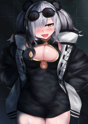 Rule 34 | 1girl, :d, animal ears, arknights, breasts, cleavage, commentary request, dress, eyewear on head, fang, feater (arknights), hair over one eye, highres, karin (a62826704), large breasts, long hair, looking at viewer, open mouth, smile, solo, sunglasses, sunglasses on head