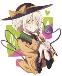 Rule 34 | 1girl, black hat, blood, bloody weapon, bow, commentary, frilled sleeves, frills, green eyes, gretia, grin, hair between eyes, hat, hat bow, heart, holding, holding knife, holding weapon, knife, komeiji koishi, long sleeves, looking at viewer, reverse grip, shirt, short hair, silver hair, simple background, smile, solo, stitches, third eye, touhou, upper body, weapon, white background, wide sleeves, yellow bow, yellow shirt