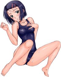 Rule 34 | 00s, 1girl, barefoot, blue hair, blush, breasts, covered erect nipples, feet, green eyes, hair ornament, hairclip, hanzaki jirou, one-piece swimsuit, sairenji haruna, school swimsuit, short hair, sitting, small breasts, solo, swimsuit, to love-ru, wet