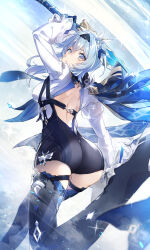 Rule 34 | 1girl, absurdres, ass, back cutout, blue hair, breasts, clothing cutout, eula (genshin impact), from behind, genshin impact, hair ornament, hairband, hatsuga (dmaigmai), highres, holding, holding sword, holding weapon, leotard, looking at viewer, looking back, medium breasts, parted lips, solo, song of broken pines (genshin impact), sparkle, sword, thighhighs, thighs, weapon, yellow eyes