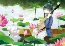 Rule 34 | 1girl, bad id, black hair, blue eyes, bot (komagomekko), day, flower, hair ornament, hair rings, hair tubes, lily pad, lotus, luo tianyi, moekon, outdoors, partially submerged, short hair with long locks, sitting, smile, solo, vocaloid, water