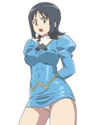 Rule 34 | 1girl, agent aika, aika (series), arms behind back, ascot, black ascot, black hair, blue delmo, blue jacket, blue skirt, blush, breasts, brown eyes, commentary request, covered erect nipples, covered navel, crotch seam, delmo, delmogeny uniform, highres, jacket, juliet sleeves, kuroyoshi, long sleeves, looking at viewer, medium breasts, open mouth, panties, pantyshot, pencil skirt, puffy sleeves, short hair, skirt, solo, standing, underwear, waitress delmo, white background, white panties
