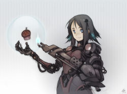 Rule 34 | 1girl, android, black hair, blue eyes, commentary, cupcake, flamethrower, food, hair ribbon, happy birthday, mechanical arms, muffin, original, ribbon, robot, shaun healey, short hair, signature, smile, solo, weapon
