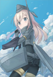 Rule 34 | 10s, 1girl, blonde hair, blue eyes, blue sky, cchhii3, cloud, cropped jacket, day, garrison cap, hat, kantai collection, long hair, long sleeves, military, military uniform, puffy long sleeves, puffy sleeves, sky, solo, u-511 (kancolle), uniform