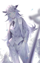 Rule 34 | 1girl, absurdres, alternate costume, animal ears, arknights, black necktie, blue eyes, breasts, commentary request, cowboy shot, formal, grin, hair between eyes, hair ornament, hairclip, hands in pockets, highres, jacket, lappland (arknights), long hair, looking to the side, necktie, open mouth, pants, scar, scar across eye, scar on face, shike guma, sideways glance, silver hair, small breasts, smile, solo, standing, statue, suit, teeth, white background, white pants, white suit, wolf ears, wolf girl