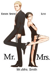 Rule 34 | 2boys, black hair, blonde hair, crossdressing, dress, erwin smith, formal, gun, height difference, high heels, holster, levi (shingeki no kyojin), mr. and mrs. smith, multiple boys, name connection, parody, shingeki no kyojin, shione9, shoe dangle, shoes, suit, thigh holster, weapon
