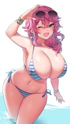 Rule 34 | 1girl, bare arms, bare legs, bare shoulders, bikini, blue eyes, bracelet, breasts, cleavage, commission, curvy, eyewear on head, fang, highres, huge breasts, jewelry, long hair, looking at viewer, navel, one eye closed, open mouth, original, pink hair, side-tie bikini bottom, skeb commission, smile, solo, string bikini, striped bikini, striped clothes, sunglasses, suruga (xsurugax), swimsuit, thighs, wading, wide hips
