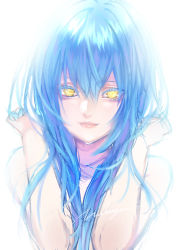 Rule 34 | 1girl, blue hair, closed mouth, colored eyelashes, completely nude, hair between eyes, hands in hair, long hair, looking at viewer, nude, nukogami (minniecatlove21), rimuru tempest, simple background, solo, tensei shitara slime datta ken, upper body, white background, yellow eyes