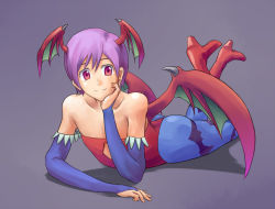 Rule 34 | 1girl, animal print, ass, bare shoulders, bat print, bat wings, bridal gauntlets, capcom, demon girl, elbow gloves, flat chest, gloves, head rest, head wings, kurio, legs, leotard, lilith aensland, looking at viewer, lying, on stomach, pantyhose, print legwear, purple hair, red eyes, red leotard, short hair, simple background, smile, solo, the pose, thighhighs, thighs, vampire (game), wings