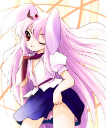 Rule 34 | 1girl, animal ears, breasts, cleavage, clothes lift, female focus, highres, long hair, necktie, no bra, one eye closed, open clothes, open shirt, purple hair, rabbit ears, red eyes, reisen udongein inaba, shirt, skirt, skirt lift, solo, touhou, very long hair, wink, yume shokunin