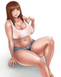 Rule 34 | 1girl, bare shoulders, blush, breasts, brown hair, cleavage, covered erect nipples, curvy, huge breasts, legs, lips, long hair, matoyama, midriff, nipples, no panties, open clothes, open fly, open shorts, plump, sandals, see-through, shoes, shorts, simple background, solo, tank top, unzipped, zipper