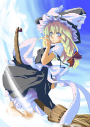 Rule 34 | 1girl, broom, broom riding, day, dress, female focus, full body, gradient background, hat, kirisame marisa, outdoors, sky, solo, touhou, underwear, white background