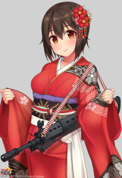 Rule 34 | 1girl, assault rifle, blush, breasts, brown hair, closed mouth, commentary request, copyright request, cowboy shot, floral print, flower, grey background, gun, hair between eyes, hair flower, hair ornament, head tilt, highres, hiiragi hazime, howa type 89, japanese clothes, kimono, lips, long sleeves, looking at viewer, medium breasts, multicolored hair, obi, orange eyes, print kimono, red kimono, rifle, sash, short hair, simple background, sleeves past wrists, smile, solo, standing, streaked hair, striped, tareme, underbust, weapon, wide sleeves