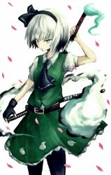 Rule 34 | 1girl, ascot, bad id, bad pixiv id, belt, breasts, collared shirt, expressionless, fingerless gloves, frilled skirt, frills, gloves, green eyes, green skirt, h2c, hairband, konpaku youmu, konpaku youmu (ghost), multiple swords, pantyhose, petals, serious, sheath, sheathed, shirt, short hair, short sleeves, silver hair, simple background, single glove, sketch, skirt, small breasts, solo, sword, touhou, unsheathing, vest, weapon, white background