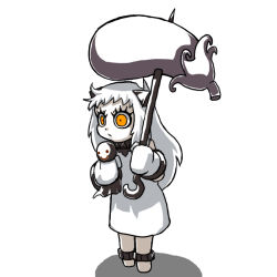 Rule 34 | 10s, 1girl, abyssal ship, colored skin, commentary request, dress, eggplant, food, holding, holding umbrella, horns, kantai collection, long hair, mittens, northern ocean princess, o imotarou, simple background, solo, teruterubouzu, umbrella, vegetable, white background, white dress, white hair, white skin