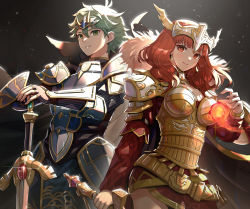 Rule 34 | 1boy, 1girl, alm (fire emblem), alternate costume, armor, boobplate, breastplate, celica (fire emblem), earrings, falchion (fire emblem), fire, fire emblem, fire emblem echoes: shadows of valentia, gonzarez, green eyes, green hair, highres, holding, holding sword, holding weapon, jewelry, looking at viewer, magic, matching hair/eyes, medium hair, nintendo, official alternate costume, red eyes, red hair, short hair, smile, sword, weapon