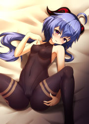 Rule 34 | 1girl, absurdres, ahoge, bare arms, black legwear, blue hair, blush, bodystocking, bodysuit, breasts, covered erect nipples, covered navel, entenca, ganyu (genshin impact), genshin impact, highres, horns, leotard, leotard under clothes, long hair, looking at viewer, lying, m legs, medium breasts, no gloves, on back, purple eyes, skin tight, sleeveless, smile, solo, spread legs, thighlet