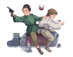 Rule 34 | 1boy, 1girl, aged down, animification, belt, blonde hair, boots, brother and sister, brown hair, child, coffebits, highres, holding, holding weapon, luke skywalker, obi-wan kenobi (disney+), princess leia organa solo, robot, siblings, smile, star wars, weapon, white background