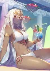 Rule 34 | 1girl, ahoge, alcohol, armlet, bikini, bracelet, breasts, column, commentary request, cup, dark-skinned female, dark skin, drinking straw, fate/grand order, fate (series), hair ornament, highres, holding, holding cup, jewelry, lakshmibai (fate), large breasts, long hair, looking at viewer, medium breasts, midriff, mouth veil, nakaga eri, navel, pillar, red eyes, see-through, sitting, solo, stomach, swimsuit, thighs, veil, very long hair, white bikini, white hair