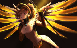 Rule 34 | 1girl, absurdres, armor, backlighting, blonde hair, blue eyes, bodysuit, breasts, brown background, brown pantyhose, clenched hand, cowboy shot, dark background, english text, faulds, glowing, glowing wings, hair over one eye, halo, hand on own chest, high ponytail, highres, holding, holding staff, huge filesize, light rays, looking at viewer, mechanical halo, mechanical wings, medium breasts, mercy (overwatch), nose, overwatch, overwatch 1, pantyhose, parted lips, pelvic curtain, solo, spread wings, staff, toro-ro, wings, yellow wings