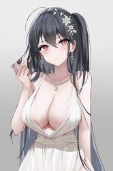 Rule 34 | 1girl, absurdres, ahoge, arm strap, azur lane, bare shoulders, black hair, breasts, cleavage, closed mouth, collarbone, dress, earrings, expressionless, flower, gradient background, grey background, hair between eyes, hair flower, hair ornament, hair strand, twirling hair, highres, jewelry, kurohikage, large breasts, long hair, looking at viewer, messy hair, necklace, no bra, official alternate costume, plunging neckline, red eyes, side ponytail, sideboob, sleeveless, solo, taihou (azur lane), taihou (temptation on the sea breeze) (azur lane), upper body, white dress
