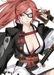 Rule 34 | akisa yositake, amputee, arc system works, artist name, baiken, breasts, cleavage, closed mouth, collarbone, eyepatch, facial tattoo, female focus, guilty gear, guilty gear strive, japanese clothes, katana, kimono, large breasts, long hair, matching hair/eyes, pink eyes, pink hair, ponytail, samurai, sash, simple background, smile, solo, sword, tattoo, torn clothes, torn kimono, twitter username, weapon