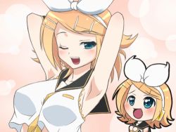 Rule 34 | 1girl, alternate breast size, animated, animated gif, aqua eyes, armpits, arms behind head, blonde hair, blush, bouncing breasts, bow, breasts, chibi, hair ornament, hairclip, headphones, imagining, kagamine rin, large breasts, lowres, mameshiba (pixiv 59310), naughty face, one eye closed, ribbon, vocaloid, wink