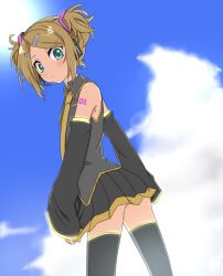 Rule 34 | 1girl, blonde hair, blue eyes, cloud, cosplay, day, detached sleeves, hatsune miku, hatsune miku (cosplay), headphones, kagamine rin, looking at viewer, necktie, rumia (artist), rumia (compacthuman), short hair, skirt, sky, solo, thighhighs, twintails, vocaloid, zettai ryouiki