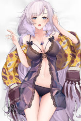 Rule 34 | 1girl, black panties, blue eyes, braid, breasts, cleavage, french braid, grey hair, highres, hololive, hololive indonesia, jewelry, landacdeus, large breasts, long hair, looking at viewer, midriff, navel, necklace, nightgown, open mouth, panties, pavolia reine, shawl, sleepwear, solo, stomach, underwear, virtual youtuber
