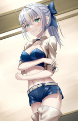 Rule 34 | 1girl, alternate costume, aqua eyes, artoria pendragon (all), artoria pendragon (fate), breasts, commission, fate (series), gray (fate), grey hair, highres, long hair, looking at viewer, lord el-melloi ii case files, medium breasts, naga (pixiv70891418), pixiv commission, race queen, saber (fate), saber (type-moon racing) (fate), short shorts, shorts, sidelocks, thighhighs, thighs