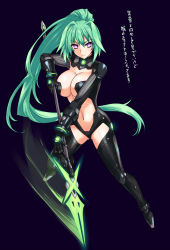 Rule 34 | 10s, 1girl, breasts, cleavage, green hair, green heart (neptunia), highres, large breasts, long hair, motion blur, neptune (series), nishiumi yuuta, ponytail, purple eyes, revealing clothes, solo, thighhighs, vert (neptunia), weapon
