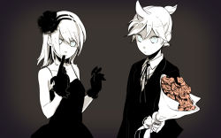 Rule 34 | 1boy, 1girl, bad id, bad pixiv id, brother and sister, dress, flower, formal, highres, kagamine len, kagamine rin, kigi tatsumi, monochrome, rose, short hair, siblings, spot color, suit, twins, vocaloid, wallpaper